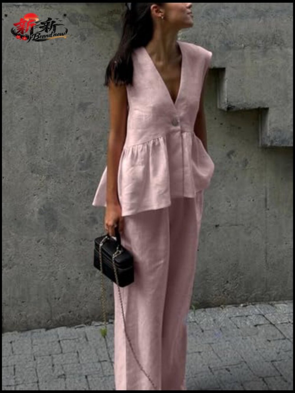 Sleeveless V Neck Peplum Vest Wide Leg Pant Suit Set 2 Piece Summer Outfit - Picture 2 of 7